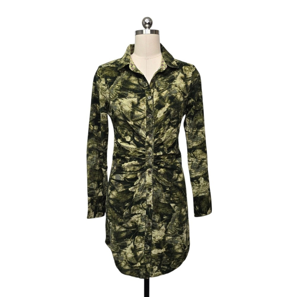 Pilcro Anthropologie Green Abstract Corduroy Button Front Shirt Dress Size 2